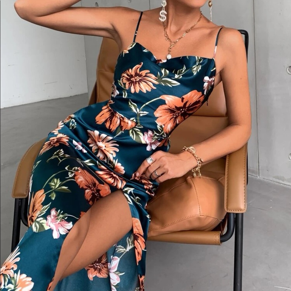 Boho floral tropical print slit thigh slip dress - Picture 4 of 6